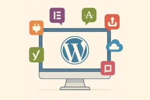 Illustration de plugins WordPress autour du logo WordPress sur un écran